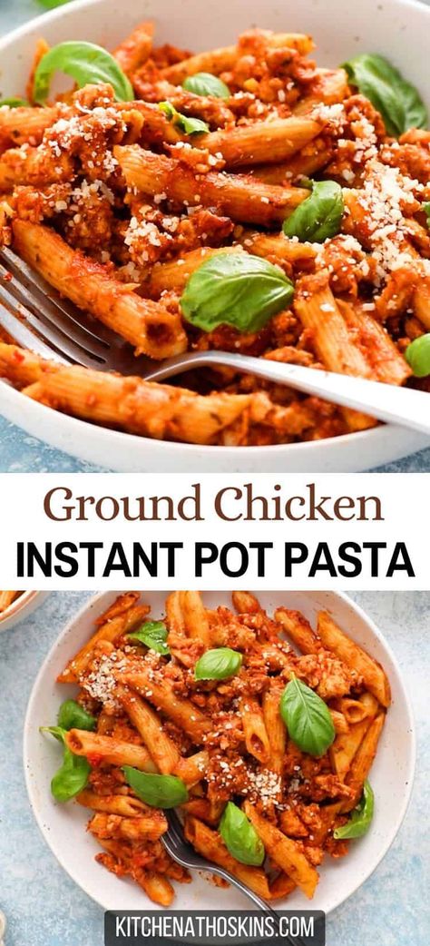 Learn how to make the best instant pot pasta with ground chicken using jarred sauce, that is a great instapot meal ready in 30 minutes. This easy weeknight dinner is one of the best ways to use one pound of ground chicken. Get the instant pot ground chicken pasta recipe along with video at kitchenathoskins.com. Ground Chicken Instant Pot Recipes, Pasta With Ground Chicken, Ground Chicken Pasta, Instant Pot Pasta, Pasta With Meat Sauce, Instant Pot Pasta Recipe, Spaghetti Meat Sauce, Meat Sauce Recipes, Ground Chicken Recipes