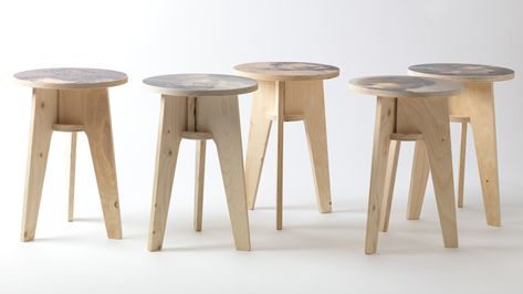 Plywood print stools by Piet Hein Eek for NLXL Plywood Stool, Stool Ideas, Plywood Projects, Kursi Bar, Classic Artwork, Cnc Wood, Modern Stools, Stool Design, Dutch Design