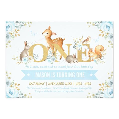 Boy Woodland Animals Blue Gold Floral 1st Birthday Invitation #Ad , #affiliate, #Gold#Blue#st#Floral Baby Shower Forest, Floral 1st Birthday, Invitations Ideas, 1st Birthday Party Invitations, Baby Shower Woodland Theme, Woodland Baby Shower Invitations, 1st Birthday Invitation, Animal Birthday Party, 1st Birthdays