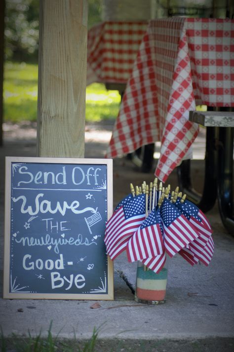 4th of July Wedding - Send Off - American Flags July 4 Wedding, Americana Wedding Theme, American Themed Wedding, 4th Of July Wedding Ideas, Fourth Of July Wedding, Americana Wedding, July 4th Wedding, 4th Of July Wedding, Wedding Flags