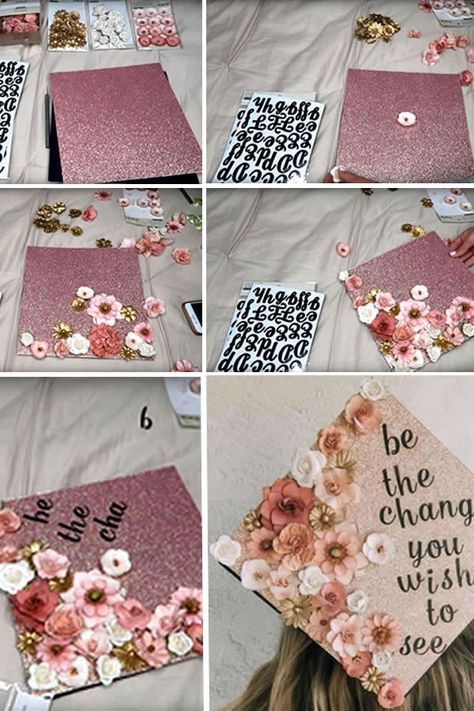 homemade DIY Graduation cap with flowers and quote Graduation Cap With Flowers, Graduation Cap Decoration Ideas, Cap Decoration Ideas, Graduation Hats Decorated, Teacher Graduation Cap, Disney Graduation Cap, Homemade Flowers, Creative Graduation Caps, Graduation Cap Ideas