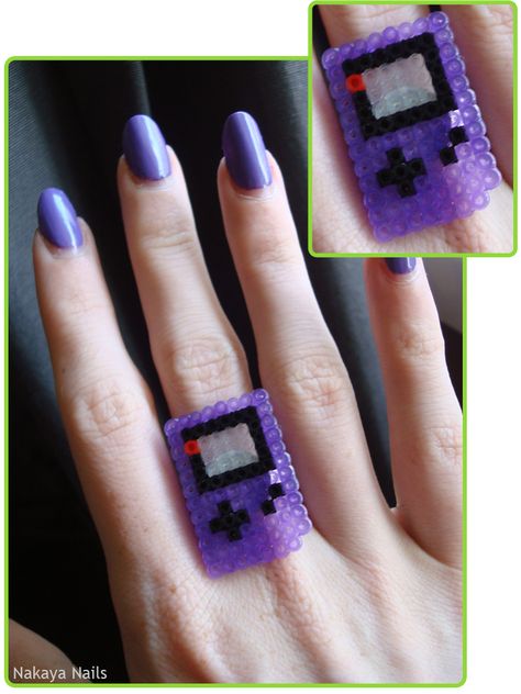 Next, this tiny perler bead Gameboy ring. Description from nakayanails.blogspot.com. I searched for this on bing.com/images Perler Bead Computer, Perler Bead Earbud Holder, Tiny Perler Beads, Perler Bead Rings, Rave Crafts, Rave Baddie, Ring Png, Doing My Nails, Kandi Cuff Patterns