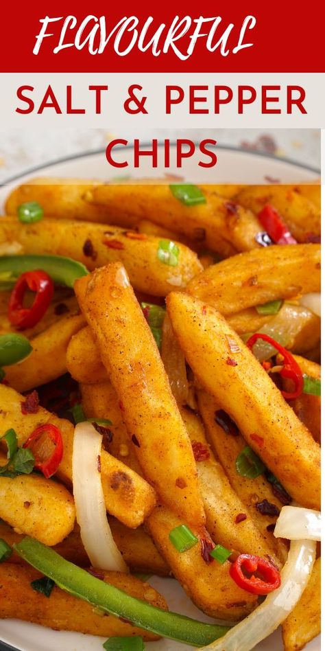 crispy fried chips and sprinkle with fried crushed chilli, sliced chilli and spring onions. Best Chow Mein Recipe, Salt And Chilli Chips, Salt And Chilli Chicken, Chip Seasoning, Salt And Pepper Chips, Fried Potato Chips, Sweet Chilli Chicken, Homemade Seasoning, Chicken And Chips