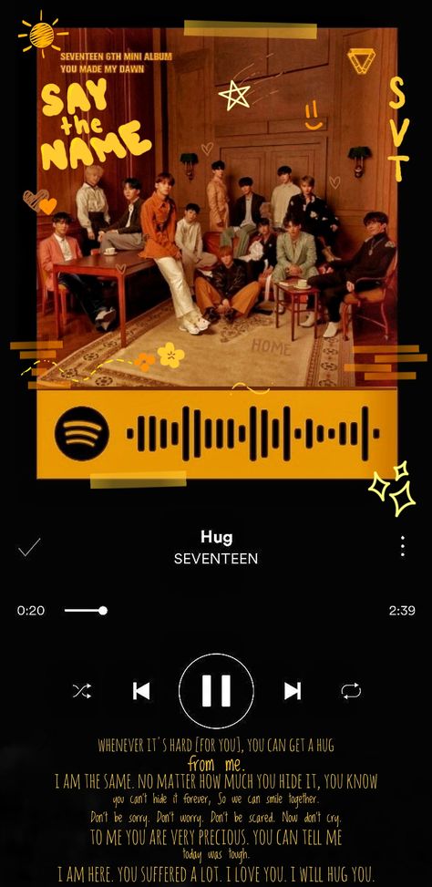 If you scan the picture with Spotify, it will automatically take you to the song 🥰 If you repost somewhere else, please credit my pinterest acc or let me know where so you can tag me in the post please 🥺 - May 15, 2022 Spotify Code, Dont Be Scared, Dont Cry, My Pinterest, Hug You, Background Wallpaper, You Make Me, Kpop Groups, The Song