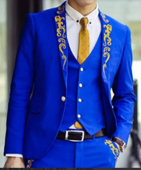 Blue And Gold Mens Outfit, Royal Blue And Gold Suit Men, Royal Blue Wedding Outfit, Suit With Gold Tie, Royal Blue Suit Men, Men Suits Style Wedding, Royal Blue Tux, Royal Blue Suit Wedding, Navy Weddings