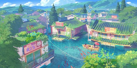 Flooded City, Japanese City, Urban Landscapes, Image Painting, Modern Fantasy, Fantasy Concept Art, Art Appreciation, City Design, Traditional Paintings