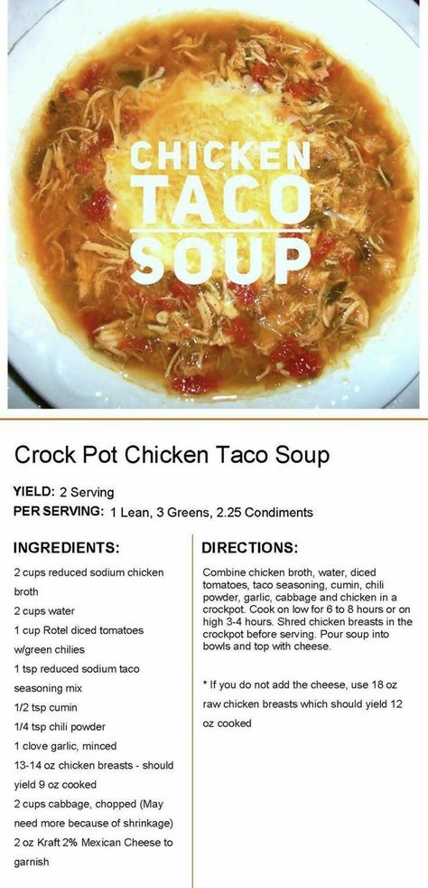 Lean Dinners, Medifast Recipes, Lean Protein Meals, Optavia Recipes, Chicken Tacos Crockpot, Lean And Green, Chicken Taco Soup, Green Soup, Crock Pot Chicken