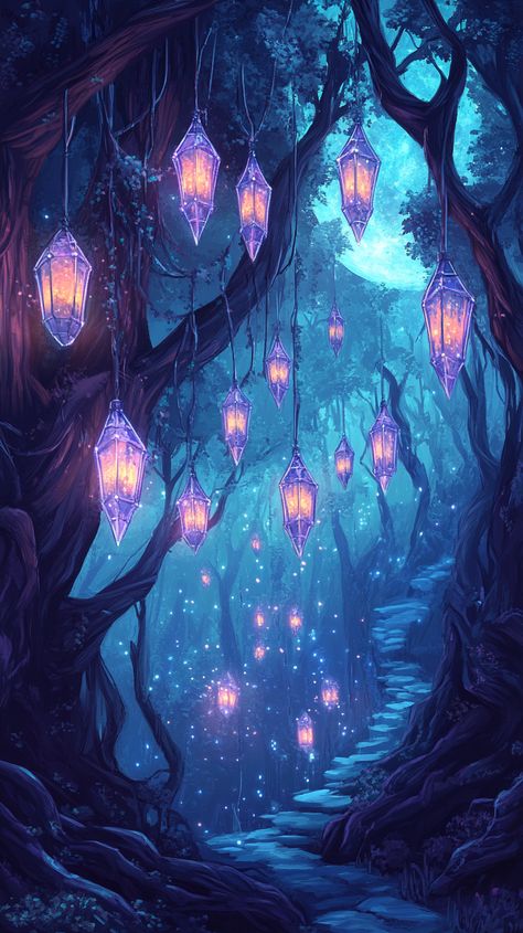 A mystical forest of glowing crystal trees, where ethereal creatures dance in moonlight, surrounded by shimmering, floating lanterns that whisper secrets of the night. Crystal Forest Art, Booknook Ideas, Enchanted Forest Aesthetic, Surreal Forest, Crystal Forest, Glowing Crystal, Crystal Trees, Swan Wallpaper, Bloom Box