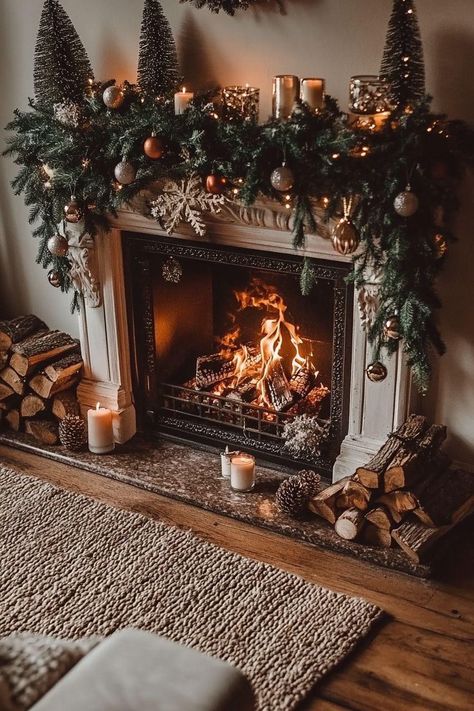 Warm White Christmas Aesthetic, Christmas Photoshoot Fireplace, Cozy Chic Christmas Decor, Christmas At Grandmas Aesthetic, Woodsy Christmas Aesthetic, Warm Cozy Christmas Aesthetic, Cozy Christmas Living Room Fireplaces, Warm Christmas Aesthetic Cozy, Christmas Decoration Fireplace