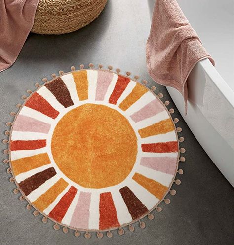 Round Bathroom Rugs, Tufting Diy, Colorful Boho Rugs, Rug For Bathroom, Dorm Living Room, Circular Rugs, Retro Sun, Rainbow Rug, Boho Bathroom