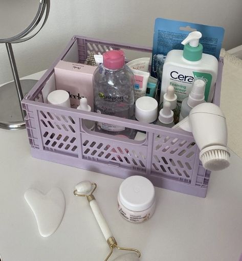 Bathroom Storage Boxes, Uni Room, Girly Room, Skincare Organization, Bath And Body Care, Crate Storage, Room Makeover Inspiration, Cute Room Decor, روتين العناية بالبشرة