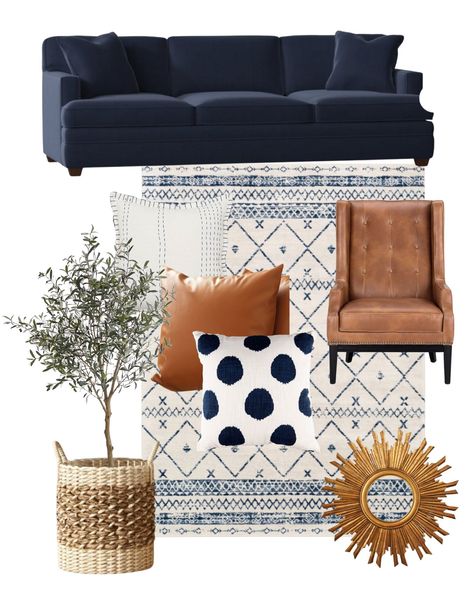 98" Square Arm Sofa curated on LTK Pattern Ottoman Living Rooms, Navy Sofa In Living Room, Navy Sofa Boho Living Room, Living Room With Navy Sectional, Navy Couch Living Room Decor, Navy Tan Living Room, Brown Navy Blue Living Room, Navy Sectional Living Room Decor, Blue Brown And Gold Living Room