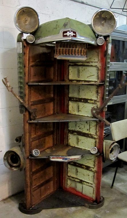 Cool as hell shelf created by Steve Darnell exclusively for The Funk House! Thanks Steve Truck Bed Repurposed, Vehicle Parts Furniture, Car Part Furniture Automotive Decor Reuse Recycle, Car Part Art, Car Parts Decor, Old Car Parts, Upcycled Home, Car Part Furniture, Automotive Furniture