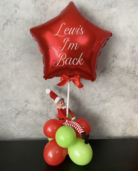 Balloon Elf On The Shelf Ideas, Elf On The Shelf Balloon Ideas, Christmas Bobo Balloon Ideas, Elf In Balloon, Mini Balloon For Elf The Shelf, Stuffed Balloon Ideas Gifts Christmas, Christmas Stuffed Balloons, Christmas Elf Balloons, Christmas Toy Soldiers