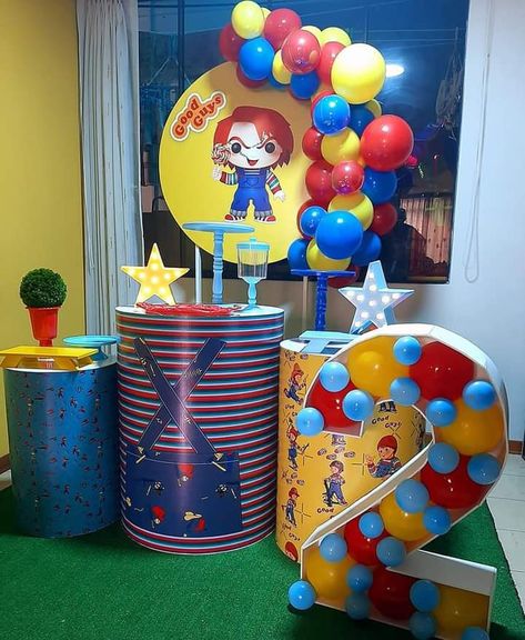 Chucky Decorations Party, Chucky Party Decorations, Chucky Halloween Decorations, Chucky Party Ideas, Chucky Themed Birthday Party, Chucky Birthday Party Ideas, Childs Play Chucky, Baby Birthday Decorations, Chucky Doll