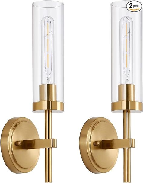 SANTOSTOCK Gold Wall Sconces Set of 2, Modern Bathroom Sconces Wall Lighting Vanity Light Fixtures with Clear Glass, Brushed Brass Wall Mount Lights for Living Room Corridor Mirror Bedroom Stairs - Amazon.com