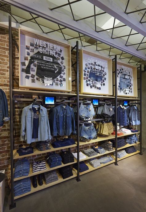 Levi's #liveinlevis campaign - Regent Street by Lucky Fox Retail Store Signage, Zegna Store, Denim Display, Clothing Store Displays, Retail Store Interior Design, Clothing Store Interior, Clothing Store Design, Store Design Boutique, Retail Store Interior