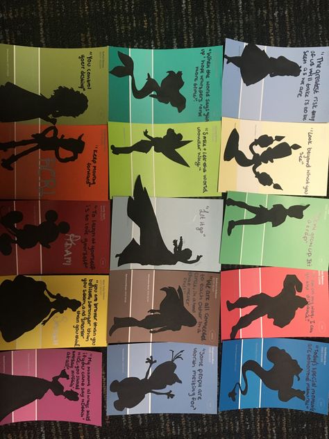 Disney door decs using paint samples- Disney silhouettes and quotes Disney Door Decs Resident Assistant, College Dorm Canvas, Disney Door Decorations, Disney Door Decs, Disney Library, Disney Dorm, Dorm Canvas, Door Decorations College, Bedroom Door Decorations