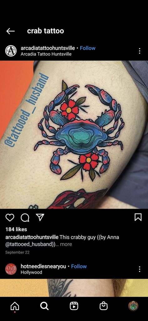 Ocean Themed Traditional Tattoo, Neotraditional Nautical Tattoo, Traditional Crab Tattoo Design, Neo Traditional Crab Tattoo, Traditional Ocean Tattoo Sleeve, American Traditional Ocean Tattoo, American Traditional Crab Tattoo, Crab Tattoo Traditional, Nautical Traditional Tattoo