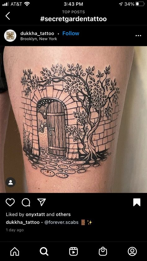 Gothic Door Tattoo, Secret Garden Door Tattoo, Garden Door Tattoo, Secret Garden Tattoo Ideas, The Secret Garden Tattoo, Garden Gate Tattoo, Open Door Tattoo, Cottage Tattoo, Secret Garden Tattoo