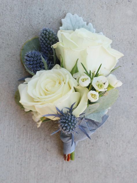 Blue White Boutonniere, Delphinium Boutonniere, Pastel Pocket Boutonniere, Hydrangea And Thistle Bouquet, Bridal Bouquet With Blue Thistle, White Rose And Thistle Bouquet, Thistle Wedding Flowers, White Rose Blue Thistle Boutonniere, White Rose Thistle Bouquet