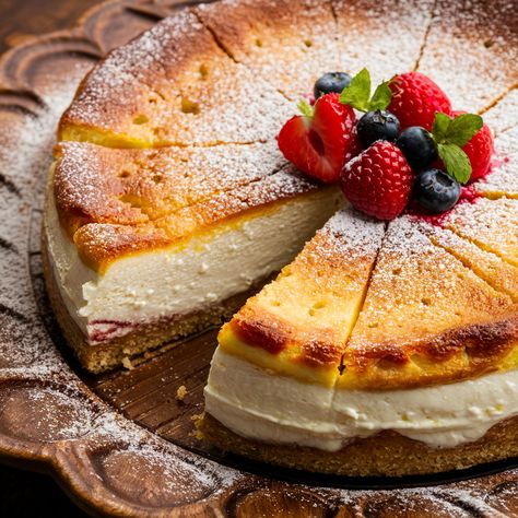 BAKED RICOTTA CHEESECAKE SICILIAN-STYLE Baked Ricotta Cheesecake, Sicilian Ricotta Cheesecake, Sicilian Cheesecake Recipe, Almond Cheesecake, Italian Sweets, Almond Desserts, Baking Lessons, Pistachio Cheesecake, Baked Ricotta