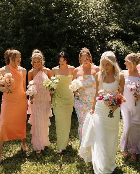 Wedding • Instagram Bright Wedding Theme, Colorful Wedding Decor, Bold Wedding Colors, Wedding Floral Arch, Pastel Bridesmaids, Mix Match Bridesmaids, Understood The Assignment, I Do Crew, Vibrant Wedding