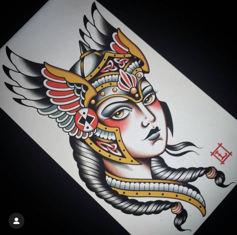 Traditional Valkyrie Tattoo, Snow Tattoo, Valkyrie Tattoo, Traditional Tattoo Inspiration, School Drawing, Traditional Style Tattoo, Tattoo Traditional, School Portraits, Traditional Tattoo Design