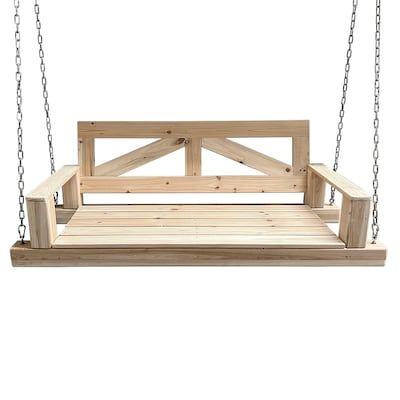 allen + roth 2-person Wood Outdoor Swing in the Porch Swings & Gliders department at Lowes.com Diy Porch Swing Bed, Wood Bench Outdoor, Diy Porch Swing, Wood Porch, Log Cabin Living, Porch Swing Bed, Tree House Plans, Rustic Furniture Diy, Backyard Swings