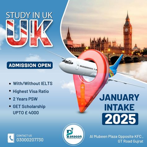 Step into your future with UK studies this January! Admissions open now, with options for students with or without IELTS. Benefit from our high visa success rate, a 2-year Post-Study Work Visa, and scholarships up to £4,000. Your path to global opportunities starts here—don’t wait! For Further Details kindly Contact or Visit Us: 📍1st Floor Al Mubeen Plaza Near Rescue 1122 Service Morh GT Road, Gujrat 📞+92 3000203761 , 0533724484 +92 3000207730 +92 333 1207008 +92 300 0207732 +92 333 1207009 +... Ielts Social Media Post, Canada University, Uk Study Visa, Study In Uk, Visa Canada, Uk Visa, Overseas Education, Success Rate, Study Abroad