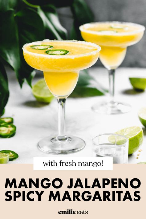 Blended Margarita Recipe, Mango Jalapeno Margarita, Mango Margarita Recipe, Spicy Margarita Recipe, Best Margarita Recipe, Vegan Party Food, Vegan Party, Mango Margarita, Spicy Margarita