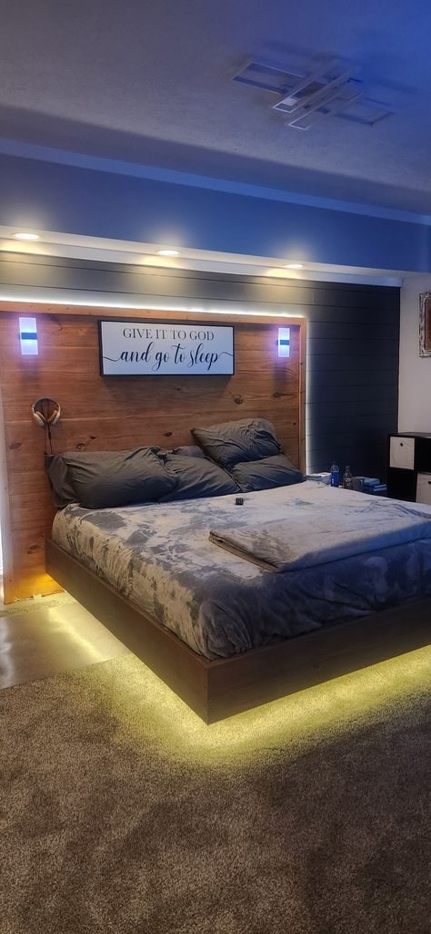 Floating Bed With Led Lights And Storage, Floating Bed Aesthetic Room, Floating Bed Rooms Ideas, Pallet Floating Bed, Flooting Bed, King Floating Bed Frame, Floating King Bed, Floating Bed Ideas, Levitating Bed