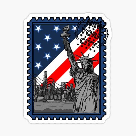 New York City Skyline Stamp with Statue of Liberty and USA Flag • Millions of unique designs by independent artists. Find your thing. New York Stickers, Usa Flag Stickers, New York City Skyline, Flag Sticker, Sketchbook Ideas, French Language, City Skyline, Usa Flag, Free Movies