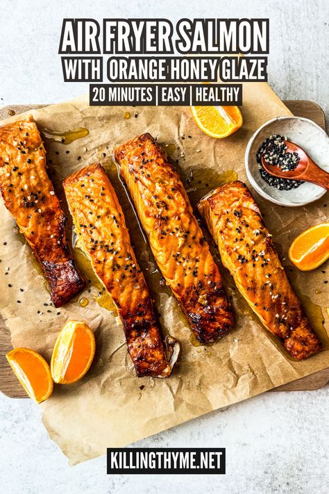 This quick & simple air fryer salmon is slathered in an orange honey glaze with hints of ginger. Perfect for weeknights or entertaining! #airfryer #salmon #orange #ginger #seafood #fish #pescatarian Airfryer Salmon, Nutritional Meals, Air Fryer Recipes Salmon, Inflammatory Meals, Orange Glazed Salmon, Inflammation Diet Recipes, Inflammation Recipes, Delicious Salmon Recipes, Açaí Bowls