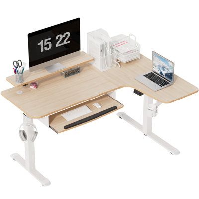 The L-shaped automatic electric height-adjustable desk offers you the most popular and healthy way to work. You can alleviate back tension through a standing working posture. This sit-stand corner desk can perfectly fit in a corner to maximize your home office workspace; The desktop has a sleek finish and is of top quality, matching your home decor well. Thoughtful anti-collision technology with built-in HALL sensor & AI control to detect obstacles and blackout, stopping instantly to prevent acc L Shaped Standing Desk, Corner Standing Desk, Desk With Monitor Stand, Home Office Workspace, Desk With Monitor, White Writing Desk, Office Chair Accessories, Printer Stands, Smart Office