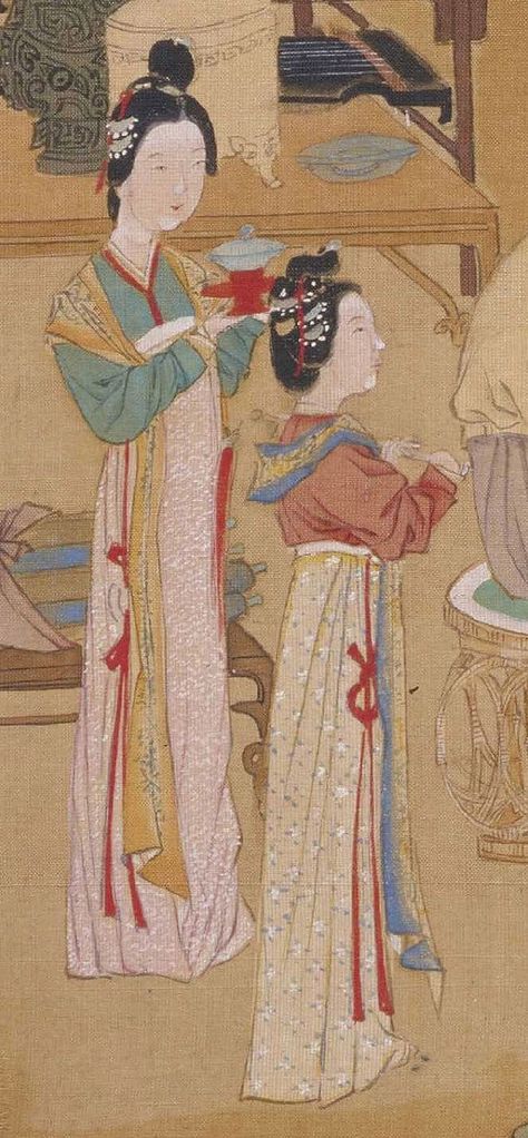 Women's clothing of the Ming Dynasty (1368 — 1644) in the painting "Appreciating Antiquities in Bamboo Garden" (竹院品古图) by artist Qiu Ying (仇英) (about 1498 — 1552). Ming Dynasty Clothing For Women, Ming Dynasty Clothing, Ming Dynasty Painting, Ming Dynasty Art, Dynasty Clothing, Chinese Paper, Bamboo Garden, Ming Dynasty, Chinese Clothing