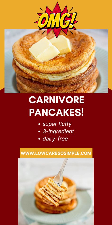 Image of a stack of carnivore pancakes in a fork, stack of pancakes in the background. Dairy Free Meat Recipes, Carnivore Diet Pancakes, Carnivore Pumpkin Recipes, Carnivore Pancake Recipe, Carnivore Pancakes Recipe, Ketovore Breakfast Ideas, Keto Dairy Free Breakfast, Carnivore Diet Fast Food, Dairy Free Carnivore Diet Recipes Easy