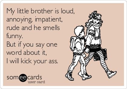 My little brother is loud, annoying, impatient, rude and he smells funny. But if you say one word about it, I will kick your ass. Brother Sister Quotes Funny, Brother Memes, Little Brother Quotes, Big Brother Quotes, Sibling Memes, Sibling Quotes, Sister Quotes Funny, Brother Sister Quotes