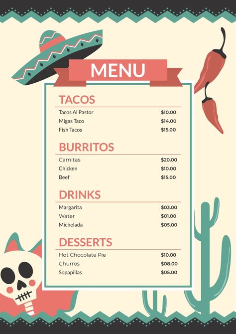 Creative Hand-drawn Mexican Restaurant Menu Taqueria Menu Ideas, Mexico Menu Design, Mexican Menu Design Templates, Mexican Restaurant Menu Ideas, Taco Menu Ideas, Tacos Menu Design, Spanish Menu Project, Taco Menu Design, Spanish Menu Design