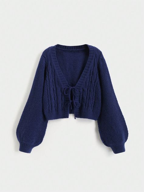 Women's Solid Color Lantern Sleeve Front Tie Loose Casual Cardigan, Autumn Winter Navy Blue Casual  Long Sleeve Knitwear Plain  Medium Stretch  Women Clothing, size features are:Bust: ,Length: ,Sleeve Length: Blue Dark Academia Outfit, Navy Blue Cardigan Outfit, Navy Cardigan Outfit, Blue Cropped Cardigan, Blue Cardigan Outfit, Dark Blue Cardigan, Cardigan Azul, Shein Cardigan, Blue Clothes