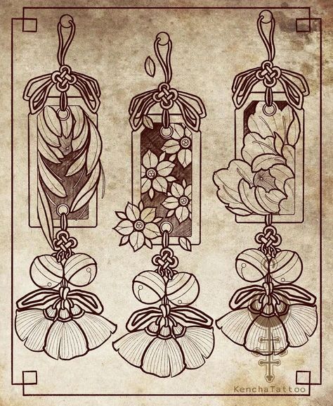 Japanese Tag Tattoo, Japanese Ornamental Tattoo, Japanese Windchime Tattoo, Japanese Bell Tattoo, Chinese Ornament Tattoo, Japanese Talisman Tattoo, Omamori Drawing, Japanese Ornament Tattoo, Japanese Lucky Charm Tattoo