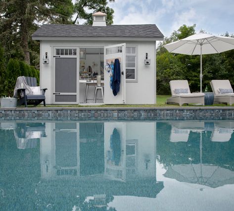 Shed By Pool, Pool House Exterior Ideas, Tuff Shed Pool House, Small Pool Houses Sheds Interior, Pool Shack Ideas, Shed Turned Into Pool House, Shed Turned Pool House, Shed To Pool House Conversion, Shed Pool House Ideas Interior