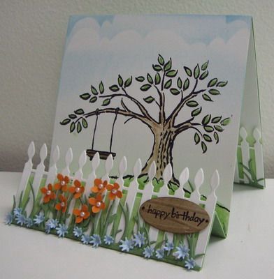 Tree swing (stampendous)  Picket fence and wildflower patch dies (Poppy Stamps) Grass (CheeryLynn) Hydrangea punch (Martha Stewart)  card design  by StampingwithLoll  May 2012 Outdoor Fence, Step Card, Backyard Fence, Diy Fence, Tree Swing, White Picket Fence, Step Cards, Fence Landscaping, Modern Fence