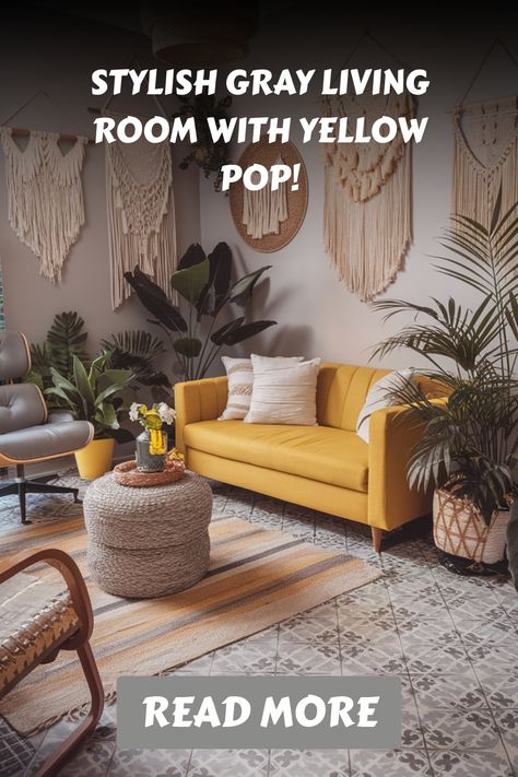 Modern living room with a yellow sofa, gray accents, and lush plants. Yellow Living Room Decor Ideas, Yellow Living Rooms, Gray And Yellow Living Room, Yellow Living Room Decor, Yellow Living Room Ideas, Grey And Yellow Living Room, Kitchen Flooring Trends, Kitchen Tile Inspiration, Ensuite Bathroom Designs