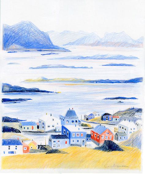 Dominique Corbasson, Color Pencil Illustration, Window Drawing, Mountain Illustration, Art Mignon, House Art, Art Et Illustration, Landscape Illustration, Color Pencil Art