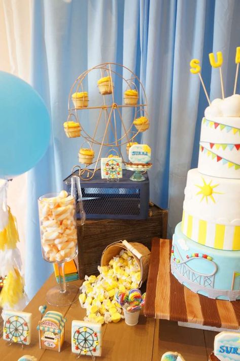 It's Sunny Under the Boardwalk  | CatchMyParty.com Boardwalk Theme Party, Boardwalk Party, Boardwalk Theme, Beach Ball Party, Under The Boardwalk, Party Food Themes, School Carnival, Ball Party, Party Table Decorations