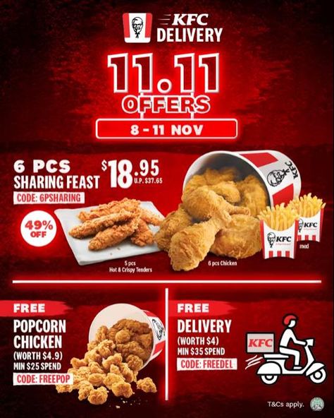 KFC Delivery 11.11 Promotion from 8 November 2021 until 11 November 2021 Kfc Delivery, China Wok, Free Popcorn, Chicken Menu, 11 November, Food Truck Design, Food Poster Design, Menu Board, Truck Design