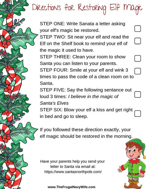 Elf Lost His Magic! How to Restore Elf on the Shelf Magic – The Frugal Navy Wife Restore Elf On The Shelf Magic, How To Get Elf Magic Back, Elf Lost His Magic Shelf Ideas, Elf On The Shelf Lost Magic, Elf Lost His Magic, Elf On Shelf Classroom Ideas, Elf On Shelf Printables, Elf Classroom, Elf Shenanigans