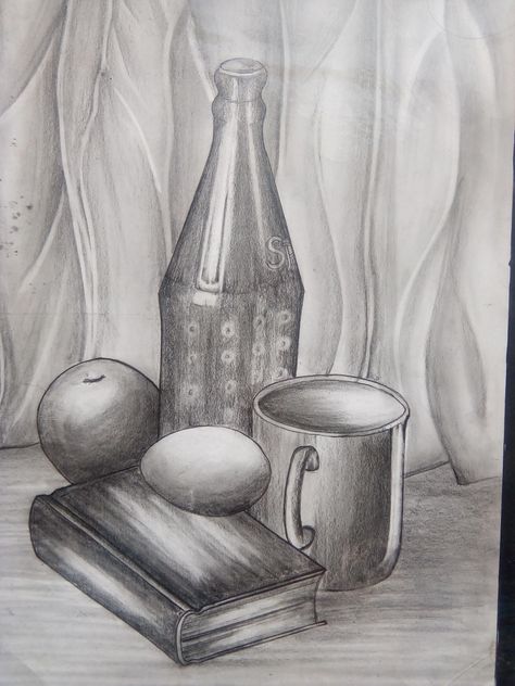 Still life in pencil shading Object Composition Drawing, Still Lives Drawing, Still Life Art Drawing, Still Life In Pencil, Still Life Drawing Pencil, Still Life Pencil, Life Drawing Pencil, Draw Sea Animals, Still Life Pencil Shading