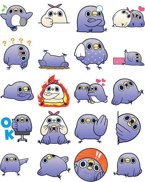 Cute Bird Character Design, Bird Face Drawing, Bird Emoji, Bird Cartoon Character, Facebook Sticker, Bird Mascot, Cartoon Dolphin, Storyboard Illustration, Owl Stickers